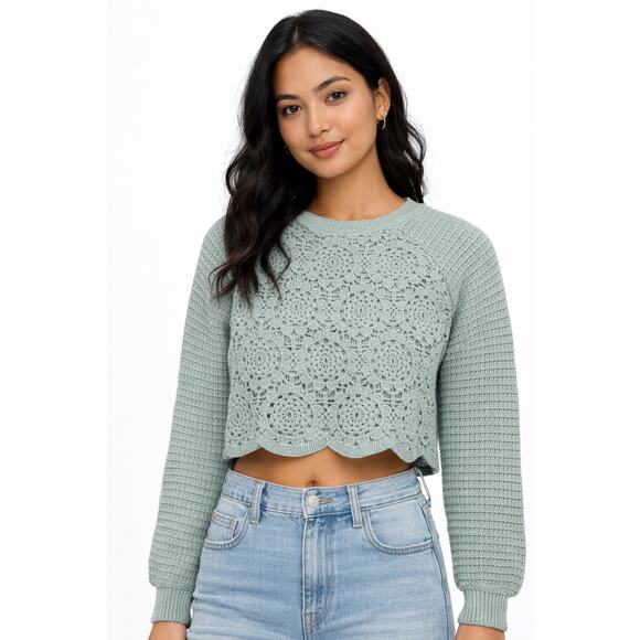 Francesca's Sweaters - Francesca’s Sage Green Crochet Sweater Top - Scallop Hem